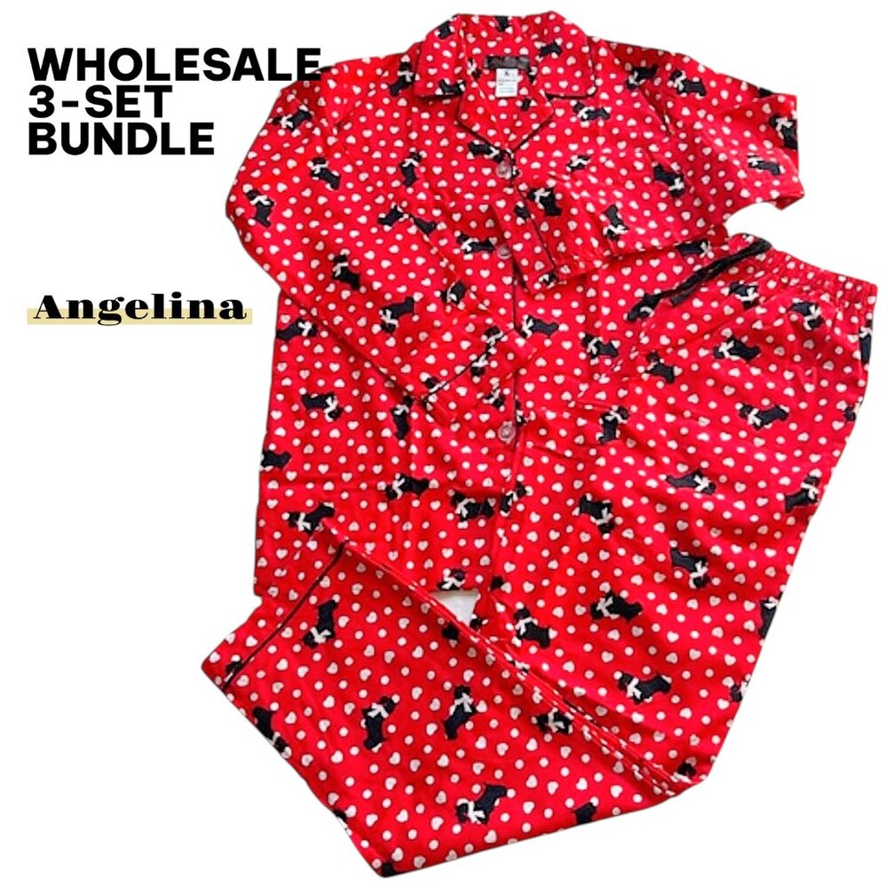 Angelina Dog Print Pajamas Wholesale 3-Pack (S) Gift Ready Flannel Cotton